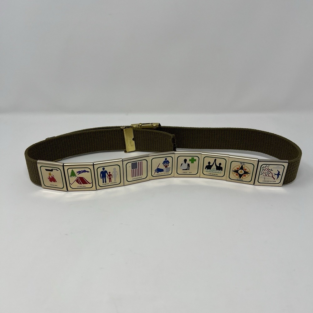 Vintage Boy Scouts Of America Belt Brass Buckle Made In USA w/ 9 Merit Slides‎